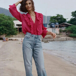 Zara Womens Small Ruffle Pink Sheer  Blouse